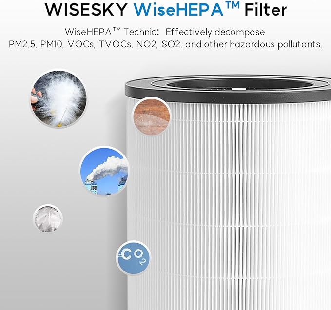 WiseHEPA Carbon Replacement Filter Compatible with WS360A Air Purifier, 9.33"L × 9.33"W × 10.39"H, Removes Pollen, Dust, Smoke, 1 Pack, White, Coverage 1644 sq.ft