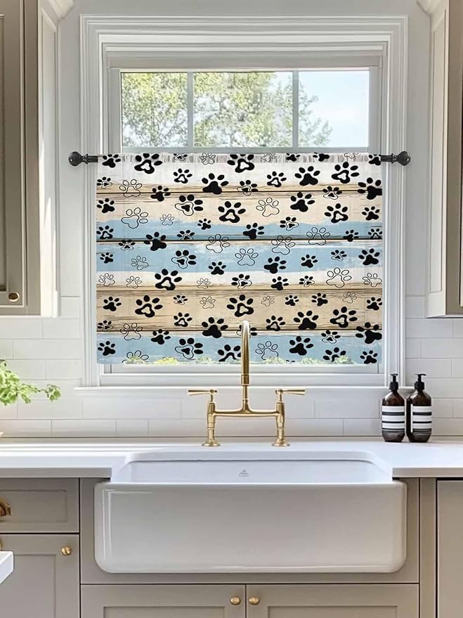 Sheer Curtains 54 Inch Length, Blue Dog Paw Print Semi Sheer Curtains Light Filtering Window Treatment, Vintage Farmhouse Rustic Wooden Grain Privacy Voile Drapes for Living Room Bedroom 52x54 Inch