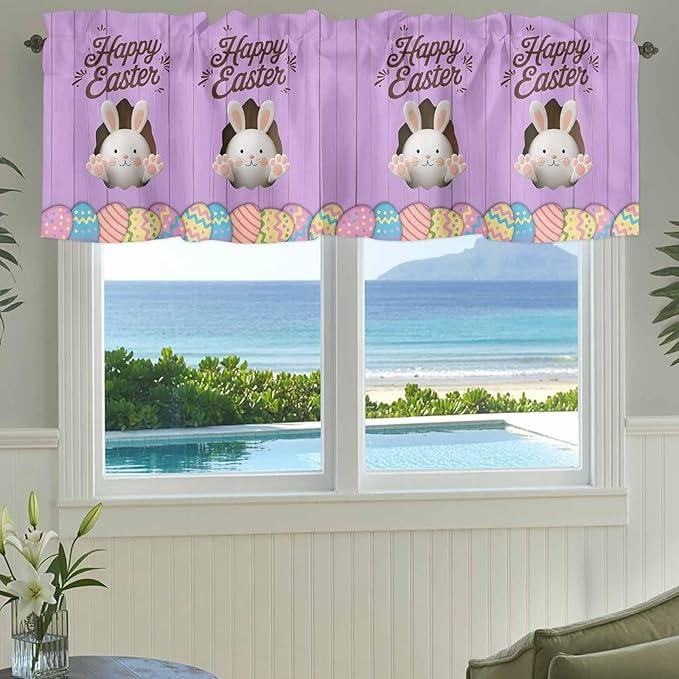 Purple Easter Curtain Valances for Windows, Kitchen Valance Window Treatment, Spring Cartoon Bunny Colorful Eggs Wood Grain Light Filtering Block Curtains for Bathroom/Bedroom/Living Room 60'' x 18''