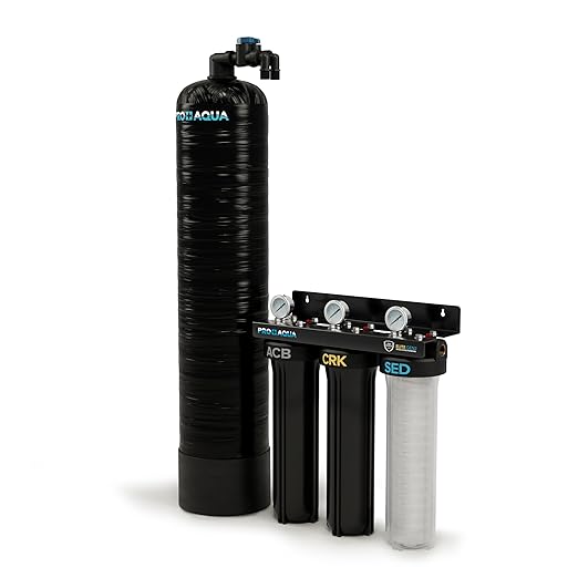 PRO+AQUA Elite Whole House Water Filter 3 Stage Well Water Filtration System w/Gauges, PR Button, 1” Ports, Filter Set (3-Stage + 20 GPM Salt-Free Bundle)
