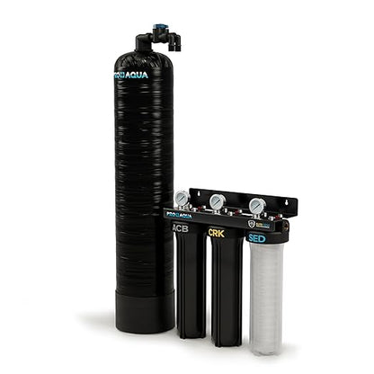 PRO+AQUA Elite Whole House Water Filter 3 Stage Well Water Filtration System w/Gauges, PR Button, 1” Ports, Filter Set (3-Stage + 20 GPM Salt-Free Bundle)