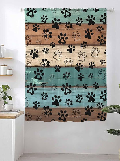 Sheer Curtains 72 Inches Long, Green Brown Paw Print Semi Sheer Curtains Light Filtering Window Treatment, Vintage Farmhouse Country Wooden Grain Privacy Voile Drapes for Living Room 52x72 Inch