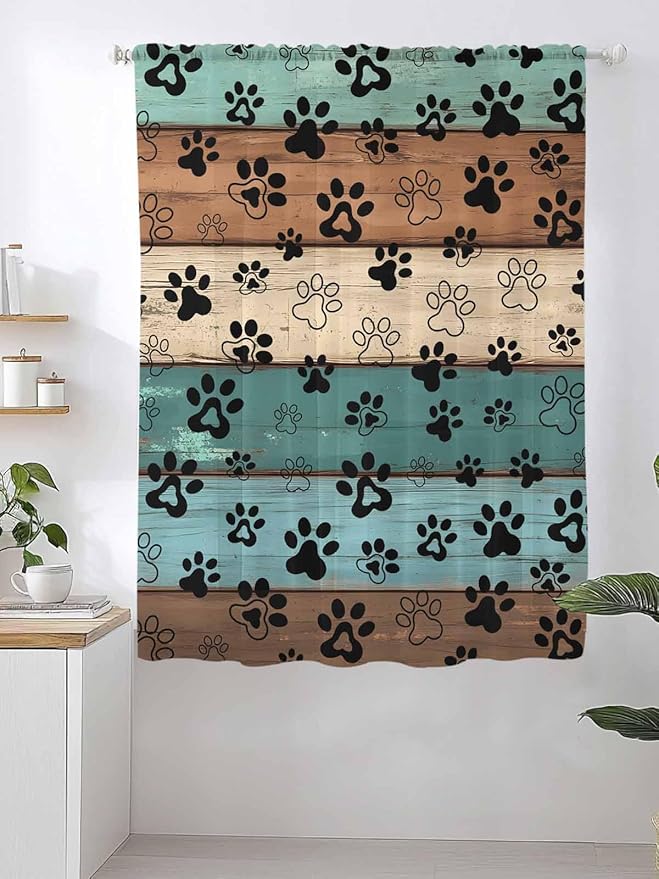 Sheer Curtains 63 Inch Length, Green Brown Paw Print Semi Sheer Curtains Light Filtering Window Treatment, Vintage Farmhouse Country Wooden Grain Privacy Voile Drapes for Living Room 52x63 Inch