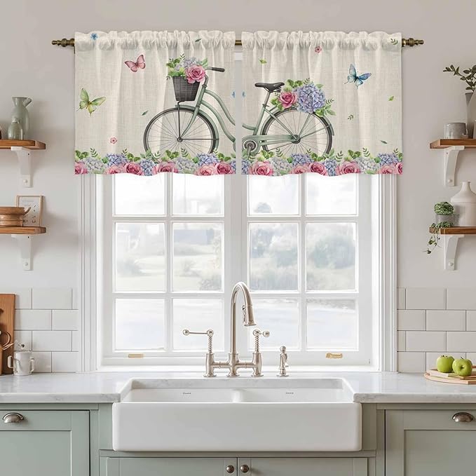 Farmhouse Spring Tier Curtains, Retro Bicycles Flowers Vines Butterfly Light Filtering Kitchen Curtains, 2Pcs Rod Pocket Half Window Treatments Panels for Sink Cafe Cabinet Camper 27.5x36 Inches