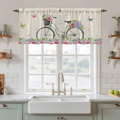Farmhouse Spring Tier Curtains, Retro Bicycles Flowers Vines Butterfly Light Filtering Kitchen Curtains, 2Pcs Rod Pocket Half Window Treatments Panels for Sink Cafe Cabinet Camper 27.5x36 Inches