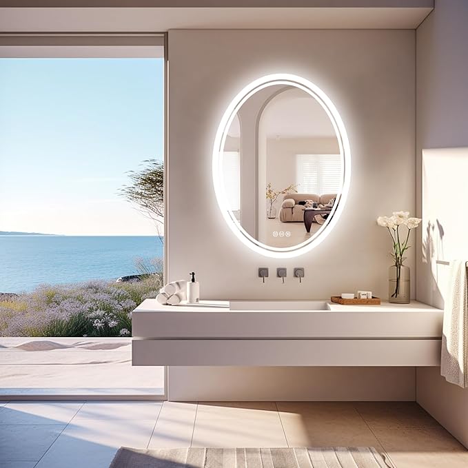LUVODI Lighted LED Bathroom Mirror: 28”x20” Oval Anti-Fog Dimmable Wall Mounted Makeup Mirror with Backlit - Modern Vanity Mirrors with Demister Pad Smart Touch Switch Sensor Memory Function