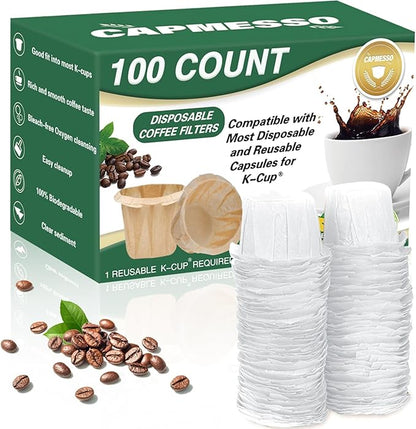 CAPMESSO Disposable Coffee Paper Filters, 100 Count Keurg Cup Coffee Filters Compatible with Keurg Brewers Reusable Single Serve 1.0 and 2.0 Coffee Maker (100 Count, White)