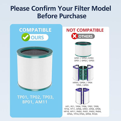 TP01 HEPA Filter Replacement Compatible Only with Dyson Tower Purifier Pure Cool Link TP01, TP02, TP03, AM11, BP01 Models, Replace Part 968126-03 – NOT for HP or DP Series (2 Pack)