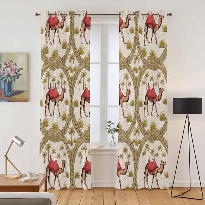 2 Panel Kitchen Cafe Curtains, Camels Palm Trees Sunlight Filtering Nature Air Through, Window Decor Tier Curtains for Living Room 104W x 96L inch Desert Date Coconut Trees Leaves Cords Beige