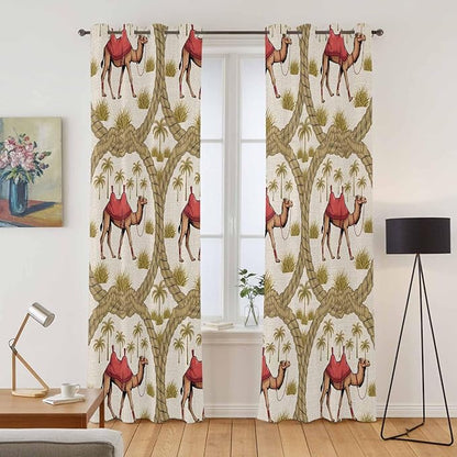 2 Panel Kitchen Cafe Curtains, Camels Palm Trees Sunlight Filtering Nature Air Through, Window Decor Tier Curtains for Living Room 104W x 96L inch Desert Date Coconut Trees Leaves Cords Beige