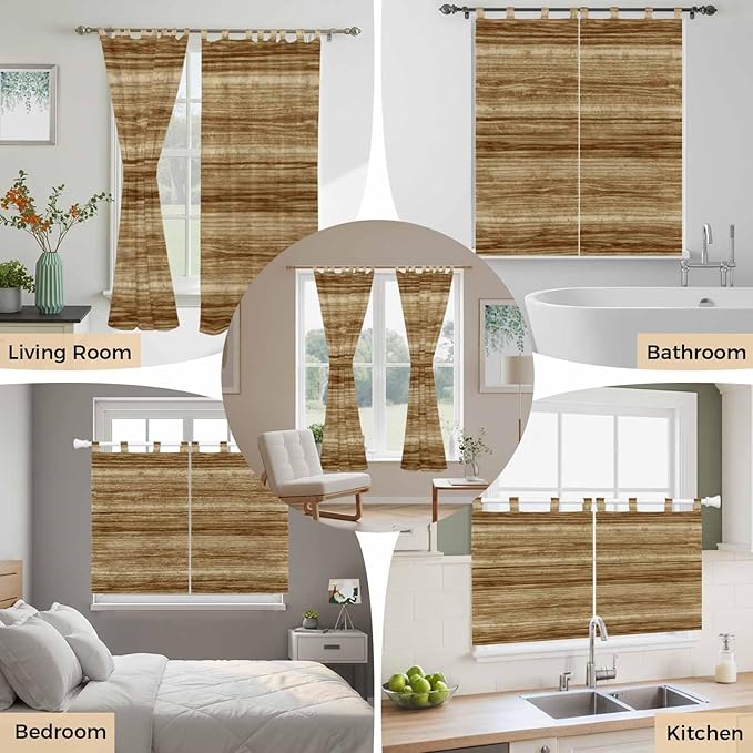 Vintage Western Kitchen Curtains 45 Inch Length, Short Cafe Window Curtains Tab Top, Rustic Farmhouse Wooden Grain Barn Door Light Filtering Window Treatments Tier Drapes 27.5"x45" 2 Panel