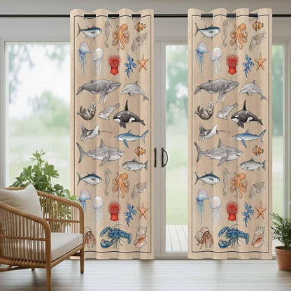 Vintage Outdoor Curtains for Patio Sharks Whales Lobsters Biographies Waterproof Outside Curtains with Grommet Top Weatherproof Curtain for Cabana Pergola Gazebo, 2 Pack, 54" W x 95" L