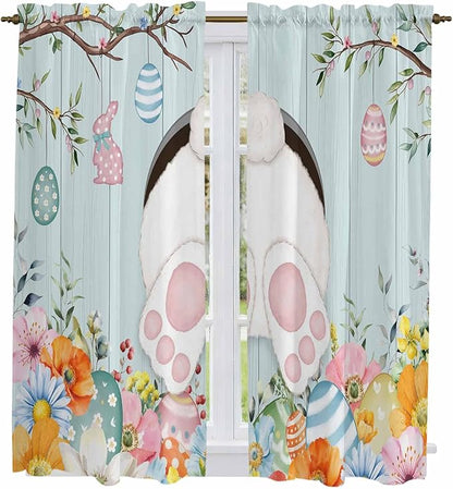 Easter Bunny Window Curtains 63 Inch Long 2 Panel Set,Rod Pocket Bedroom Curtains & Drapes,Easter Eggs Spring Farmhouse Wood Grain Teal Blue Light Filtering Window Treatment 42"W x 63"L