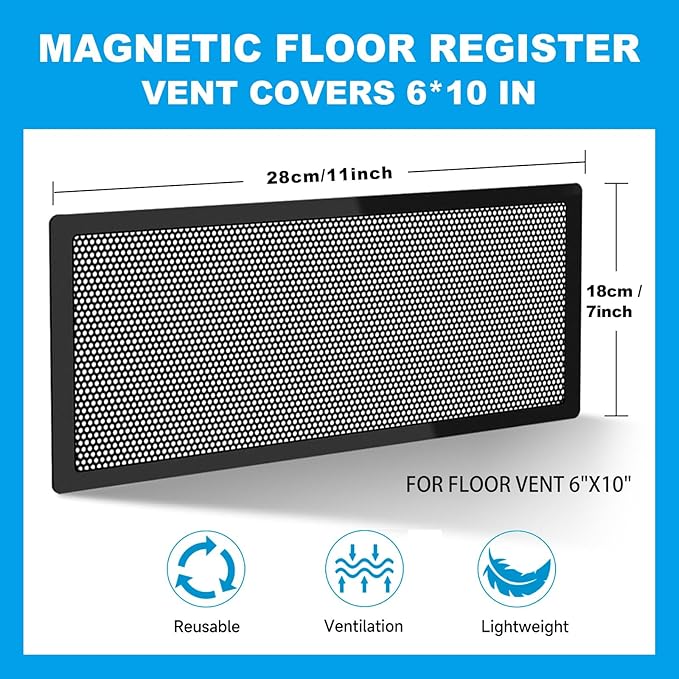 4 Packs Floor Register Vent Cover, 7"x11" Sticky Air Vent Screen Mesh Covers with Non-Magnetic Adhesive PET Gel - Securely Attaches to Plastic, Wood, Stone & More (Black)
