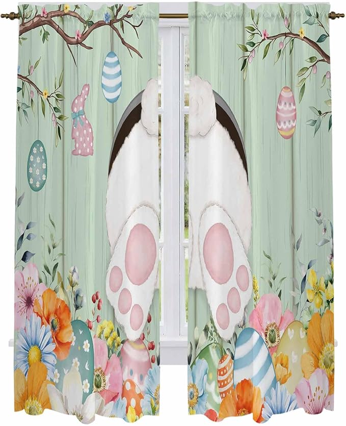Easter Window Curtains 72 Inch Long 2 Panel Set, Rod Pocket Long Curtains & Drapes, Spring Watercolor Bunny Eggs Wooden Grain Green Light Filtering Window Treatment for Bedroom Living Room 52"W x 72"L