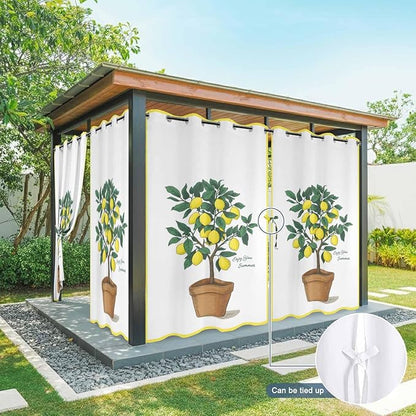 Lemons Outdoor Curtains for Patio Summer Fruit Lemon Tree Waterproof Outside Curtains with Grommet Top Weatherproof Curtain for Cabana Pergola Gazebo, 2 Pack, 54" W x 84" L