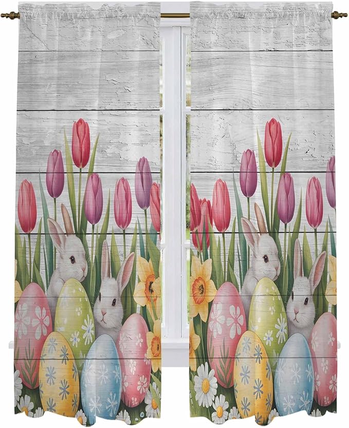 Easter Window Curtains 72 Inch Long 2 Panel Set, Rod Pocket Long Curtains & Drapes, Retro Spring Bunny Eggs Tulip Farm Wooden Grain Light Filtering Window Treatment for Bedroom Living Room 52"W x 72"L