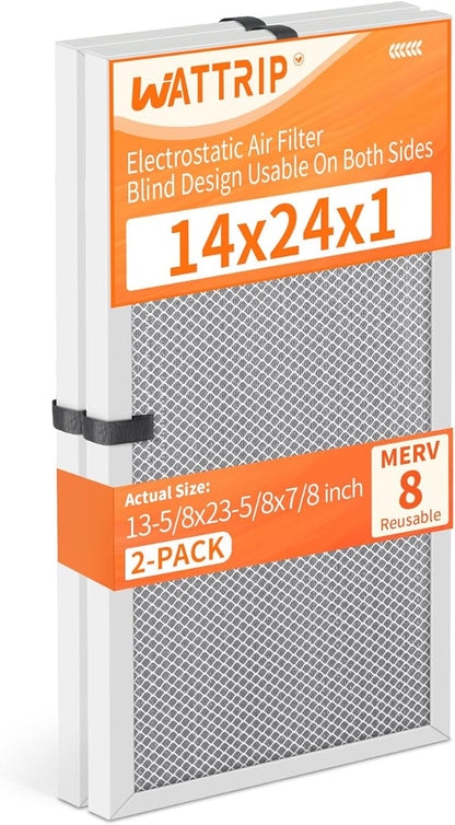 2-Pack 14x24x1 MERV 8 Reusable & Washable Electrostatic Air Filters - Long-Lasting Filter for HVAC, Furnace & Air Conditioner Units, Actual Size: 13-5/8” x 23-5/8” x 7/8”