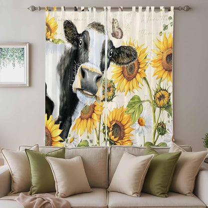 Yellow Sunflowers Living Room Curtains 84 Inch Length, Window Curtains Tab Top, Country Cow Flower Butterfly Farmhouse Cream Light Filtering Window Treatments Drapes 52"x84" 2 Panel