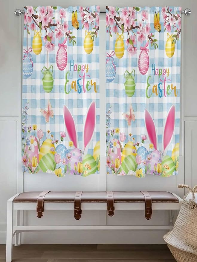 Happy Easter Living Room Curtains 72 Inches length, Spring Watercolor Bunny Eggs Flower Blue Plaid Window Treatment Curtain Drapes, Light Filtering Drapes for Bedroom Laundry Room, 52"x72", 2 Panels