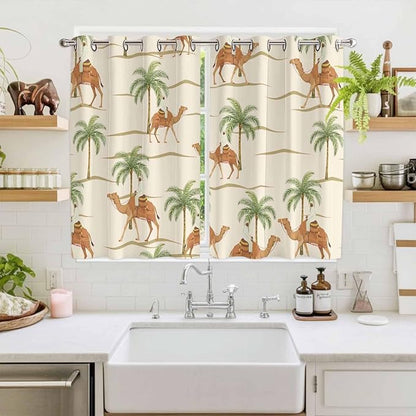2 Panel Kitchen Cafe Curtains, Date Coconut Tree Sunlight Filtering Nature Air Through, Home Decor Window Covering Tier Curtains for Living Room 104W x 72L inch Desert Camels Botanical Tropical Beige