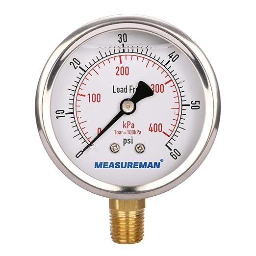 MEASUREMAN Lead-Free Pressure Gauge, 2-1/2inch Dial, Glycerin Filled, 0-60psi/kpa, Stainless Steel Case, 1/4inchNPT Lower Mount