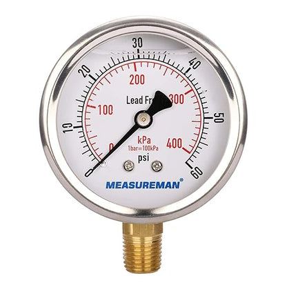 MEASUREMAN Lead-Free Pressure Gauge, 2-1/2inch Dial, Glycerin Filled, 0-60psi/kpa, Stainless Steel Case, 1/4inchNPT Lower Mount