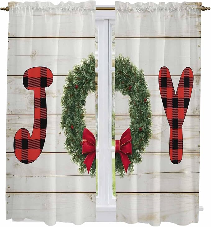 Christmas Wreaths Window Curtains 63 Inch Long 2 Panel Set, Rod Pocket Bedroom Curtains & Drapes, Winter Bow Plaid Farmhouse Wooden Grain Light Filtering Window Treatment for Living Room 42"W x 63"L