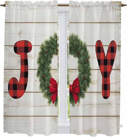 Christmas Wreaths Window Curtains 63 Inch Long 2 Panel Set, Rod Pocket Bedroom Curtains & Drapes, Winter Bow Plaid Farmhouse Wooden Grain Light Filtering Window Treatment for Living Room 42"W x 63"L
