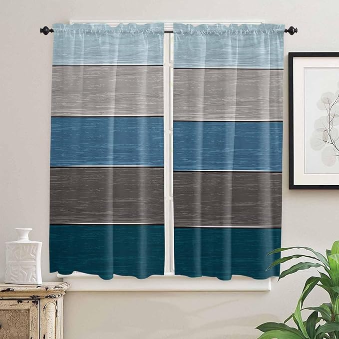 Retro Farm Blue Gray Wood Grain Window Valance Curtains, Rustic Wooden Plank Light Filtering Kitchen Valance with 3-inch Rod Pocket for Living Room Bathroom Bedroom,2 Panel,42x63In