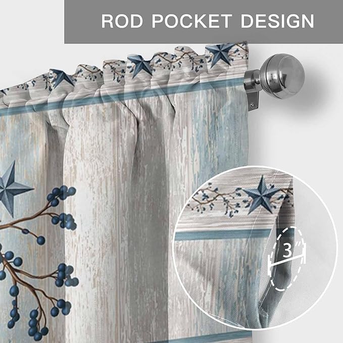 Texas Star Blue Curtain Valances for Windows, Kitchen Valance Window Treatment, Farmhouse Country Branches Wooden Grain Light Filtering Block Curtains for Bathroom/Bedroom/Living Room 42'' x 12''