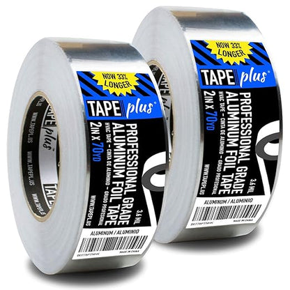 TapePlus Aluminum Foil Tape - Waterproof Insulation for HVAC Ducts - Heat Resistant Tape for Metal Repair - Duct Seal for Indoor & Outdoor Use - Pack of 2, 2 in x 210 ft, Silver