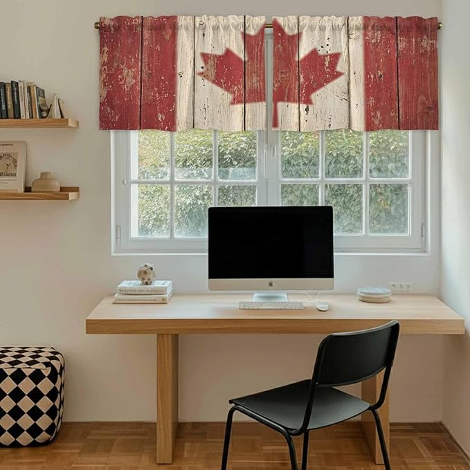 Canada Tier Curtains, Red Maple Leaf Flag Vintage Farmhouse Wooden Grain Light Filtering Kitchen Curtains, 2Pcs Rod Pocket Half Window Treatments Panels for Sink Cafe Cabinet Camper 27.5x24 Inches