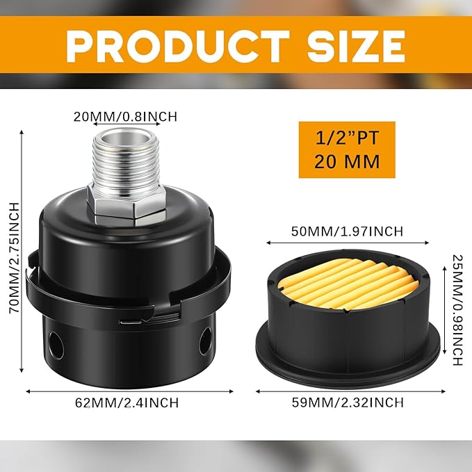 4 Pack Air Compressor Silencer, 1/2'' Air Compressor Intake Filter Silencer and 20mm Filter Noise Muffler Replacement Parts