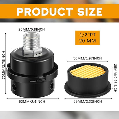 4 Pack Air Compressor Silencer, 1/2'' Air Compressor Intake Filter Silencer and 20mm Filter Noise Muffler Replacement Parts
