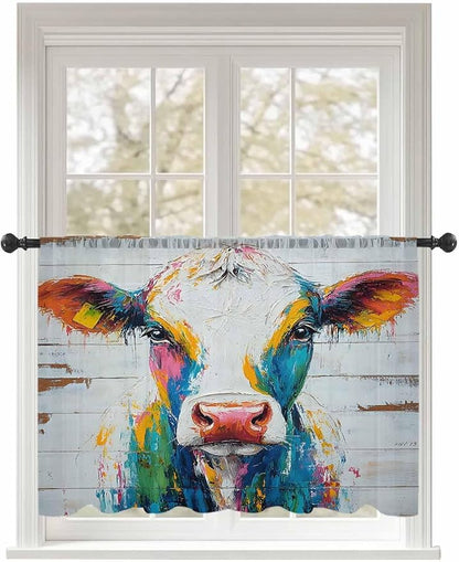 Sheer Curtains 54 Inch Length, Farmhouse Oil Painting Semi Sheer Curtains Light Filtering Window Treatment, Colorful Cow Animal Wooden Grain Privacy Voile Drapes for Living Room Bedroom 52x54 Inch