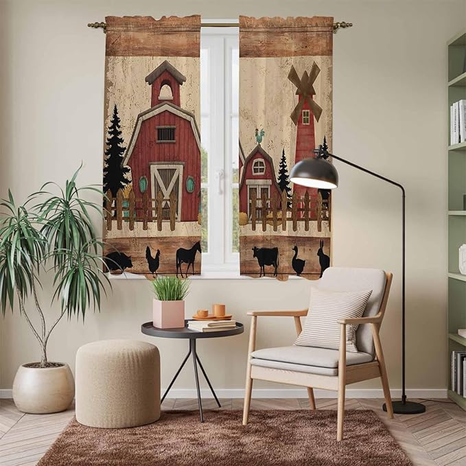 Brown Farmhouse Kitchen Curtains, Vintage Country Animals Wooden Grain Light Filtering Window Curtain Panels, 2Pcs Rod Pocket Window Treatments Set for Living Room Bathroom Bedroom 42x63 Inches