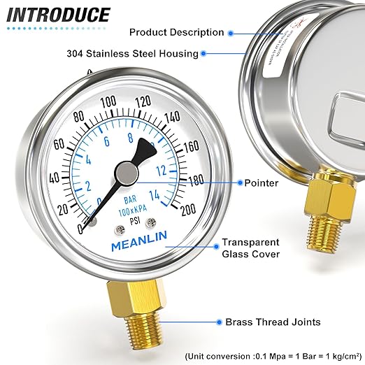 MEANLIN MEASURE 0~200Psi Dry Pressure Gauge Stainless Steel 1/8" NPT 2" FACE DIAL Waterproof for Air Compressor Air Regulator Water Filter Lower Mount, with 1/4" NPT and 3/8" NPT Hex Bushing