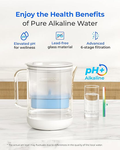 Waterdrop Glass Alkaline Water Filter Pitcher with 1 Filter, Enhances Alkaline Water, Eco-Friendly, 7-Cup, for Home & Office, Reduces PFOA/PFOS, Chlorine, Cadmium, Copper, Mercury, Clear, WD-PT-72C-A