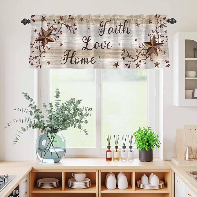 Kitchen Curtains Tiers and Valance Set of 3, Texas Star Brown Light Filtering Window Curtain Set, Farmhouse Retro Branches Wooden Grain Rod Pocket Curtain Drapes for Cafe, Living Room, 36 Inches Tiers