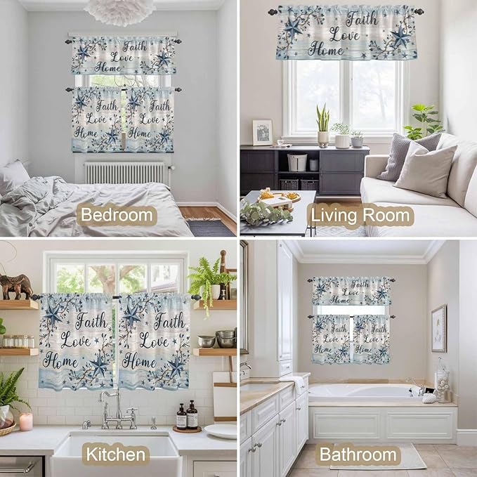 Vintage Farmhouse Kitchen Curtains Set 3 Piece for Windows, Rod Pocket Valance and Tier Set 24 Inch Length, Blue Country Texas Star Vines Wooden Light Filtering Cafe Curtains for Living Room Bathroom