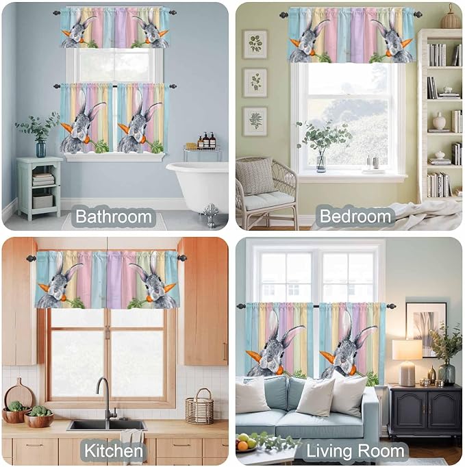 Easter Kitchen Curtain Set, Spring Grey Rabbit Carrots Colorful Wooden Plank Window Valance and Tiers 24" Length, Light Filtering Short Curtains Valance for Cafe Bathroom Bedroom 54"x18"