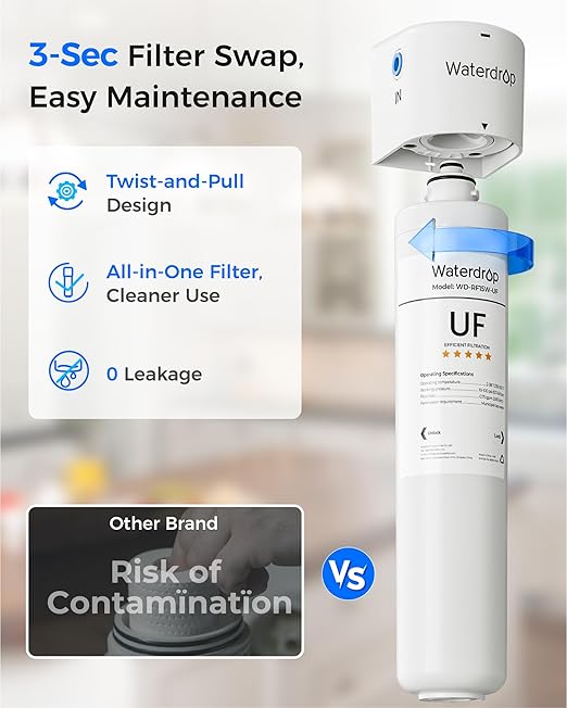Waterdrop 15UAW-UF 0.01 μm Ultra Filtration Under Sink Water Filter System, 2 Years, Reduces Lead, Chlorine, Bad Taste & Odor, Direct Connect to Kitchen Faucet, USA Tech