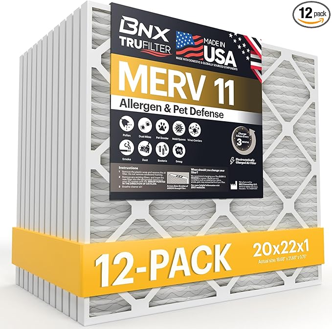 BNX TruFilter 20x22x1 Air Filter MERV 11 (12-Pack)- MADE IN USA - Allergen Defense Electrostatic Pleated Air Conditioner HVAC AC Furnace Filters for Allergies, Dust, Pet, Smoke, Allergy MPR 1200 FPR 7