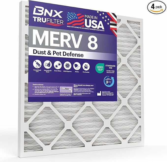 BNX TruFilter 20x22x1 Air Filter MERV 8 (4-Pack) - MADE IN USA – Dust & Pet Defense Electrostatic Pleated Air Conditioner HVAC AC Furnace Filters for Dust, Pet, Mold, Pollen MPR 600 – 700 & FPR 5