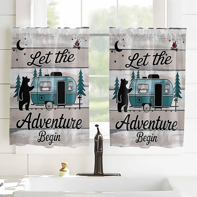 Farmhouse Bear Camper Van Tree Window Valance Curtains, Vintage Wood Grain Light Filtering Kitchen Valance with 3-inch Rod Pocket for Living Room Bathroom Bedroom,2 Panel,42x45In
