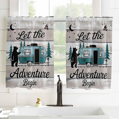 Farmhouse Bear Camper Van Tree Window Valance Curtains, Vintage Wood Grain Light Filtering Kitchen Valance with 3-inch Rod Pocket for Living Room Bathroom Bedroom,2 Panel,52x54In