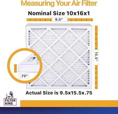 Filter King 10x16x1 Air Filter | 6-PACK | MERV 13 | HVAC Pleated AC Furnace Filters | MADE IN USA | Actual Size: 9.5 x 15.5 x .75"
