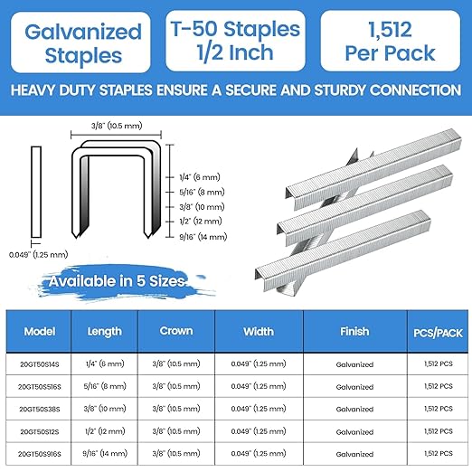 meite T-50 Staple Gun Staples, 1/2 Inch Heavy Duty Staples, Galvanized 20 Gauge 3/8 Inch Crown Staple for Upholstery, Construction, Furniture (10 Packs)
