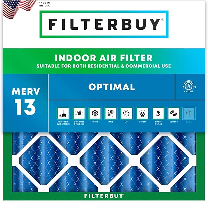 Filterbuy 20x20x4 Air Filter MERV 13 Optimal Smoke & Allergy Defense (1-Pack), Electrostatic Pleated HVAC AC Furnace Filters Replacement, Made in USA (Actual Size: 19.50 x 19.50 x 3.63)
